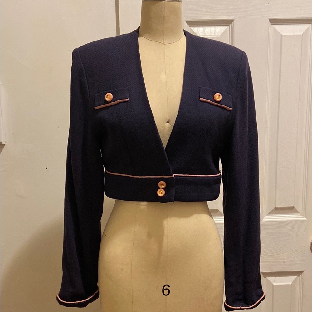 Elegant Blue Cropped Jacket with Gold/pink Accents